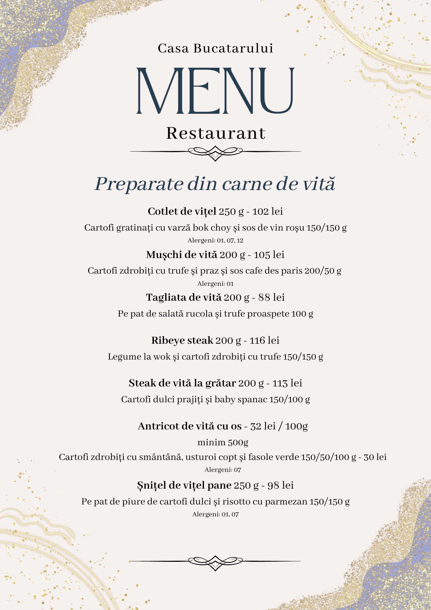 Menu poster for Casa Bucatarului Restaurant with list of beef dishes and prices in Romanian, decorative gold and pastel background.