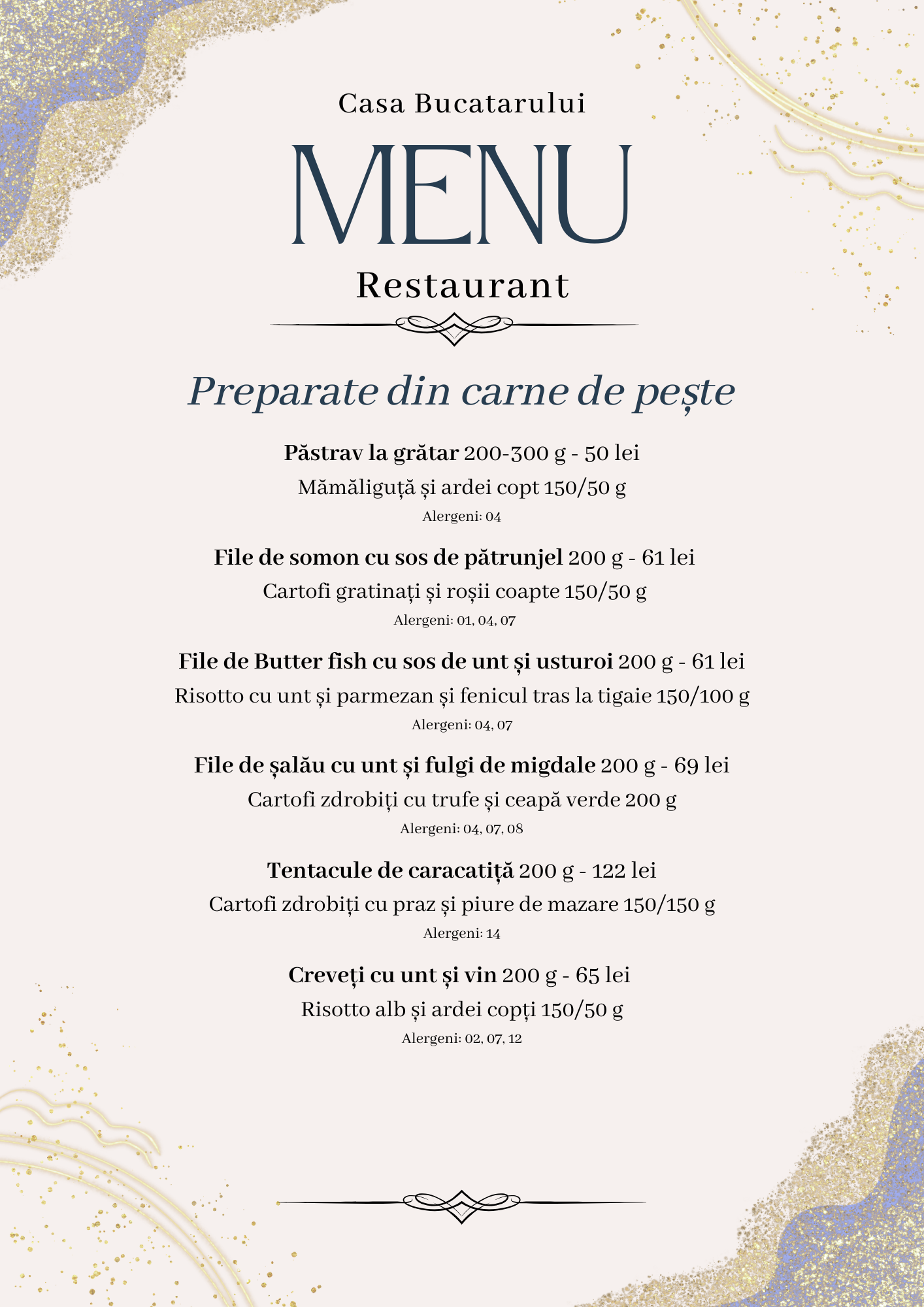 Restaurant menu page with decorative gold and purple accents and a list of dishes and allergens (Romanian menu items shown).