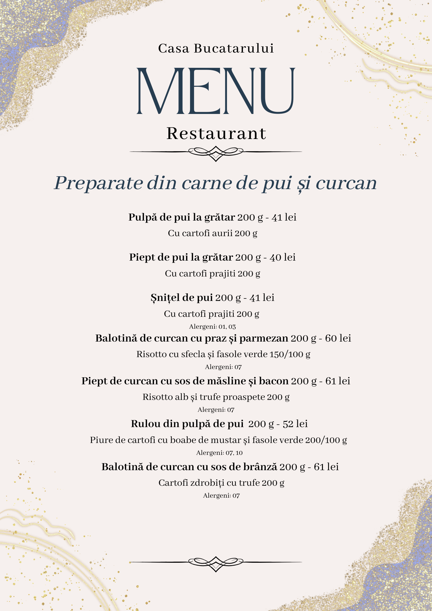 Meniu al restaurantului Casa Bucatarului, cu titlu MENU și lista de feluri în format text în română.