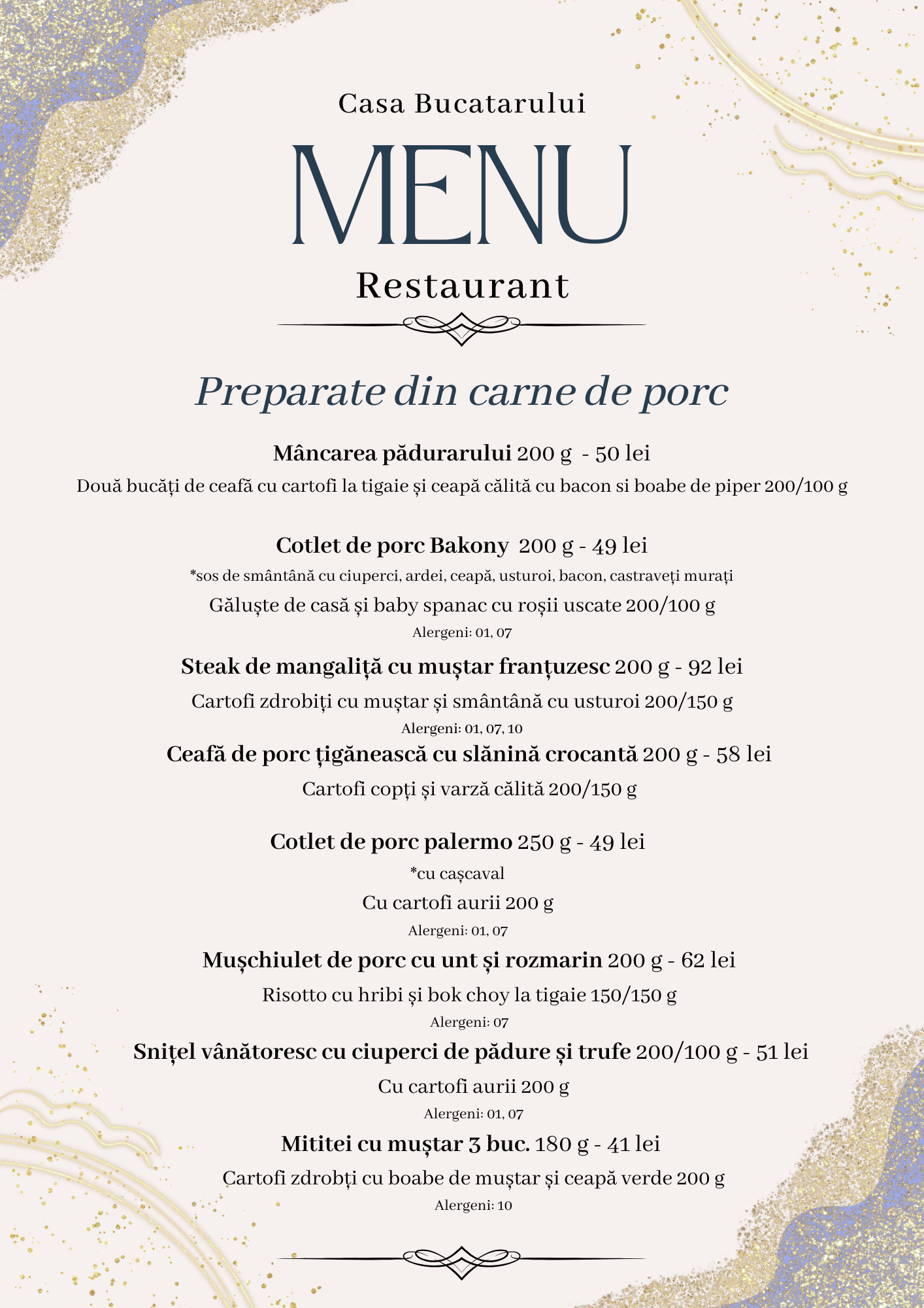 Menu page for Casa Bucatarului restaurant with decorative gold and pastel background, displaying the word MENU and Romanian dishes list.