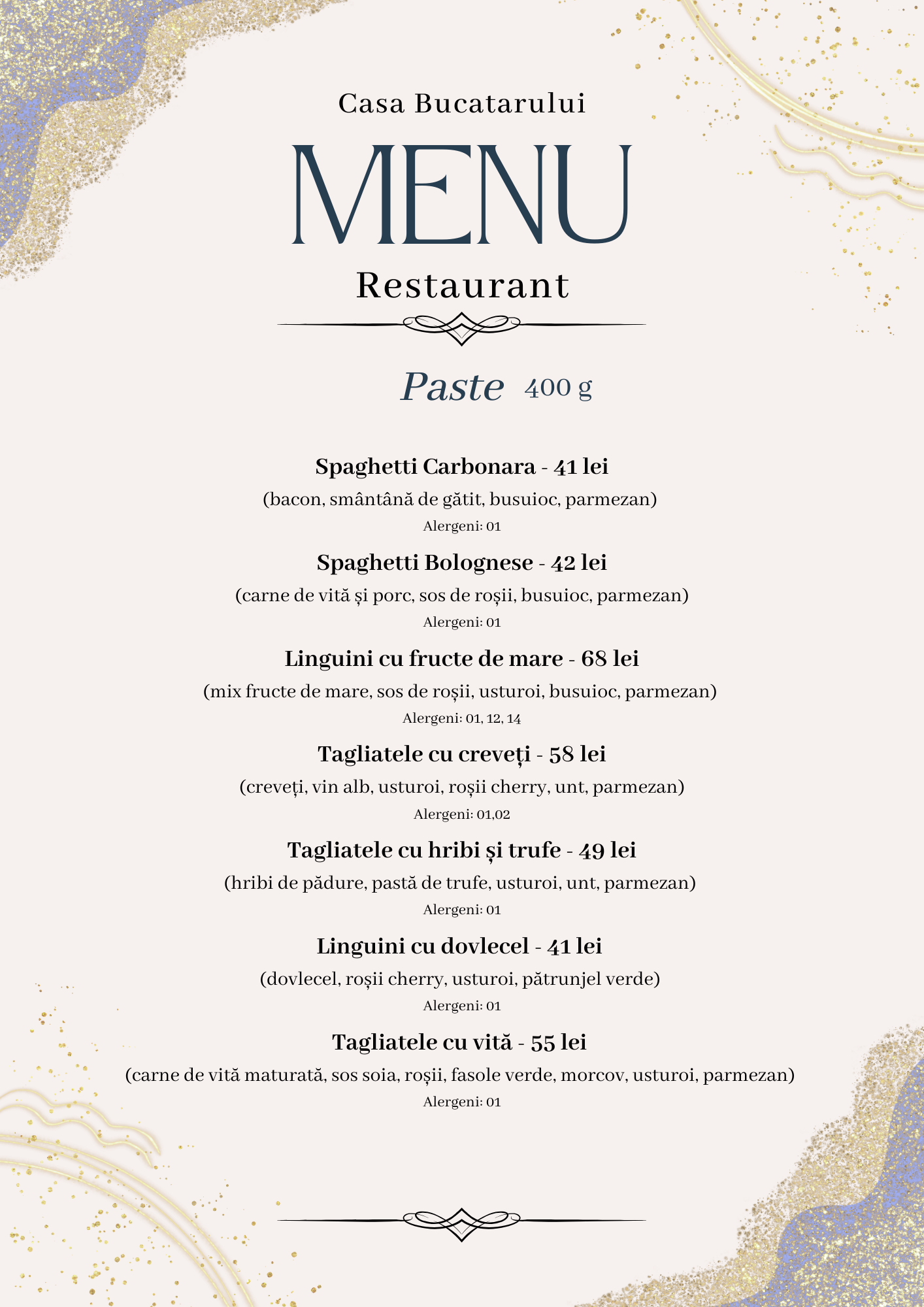 Casa Bucatarului menu page, Paste section listing pasta dishes with prices and allergens, plus decorative gold/blue border elements
